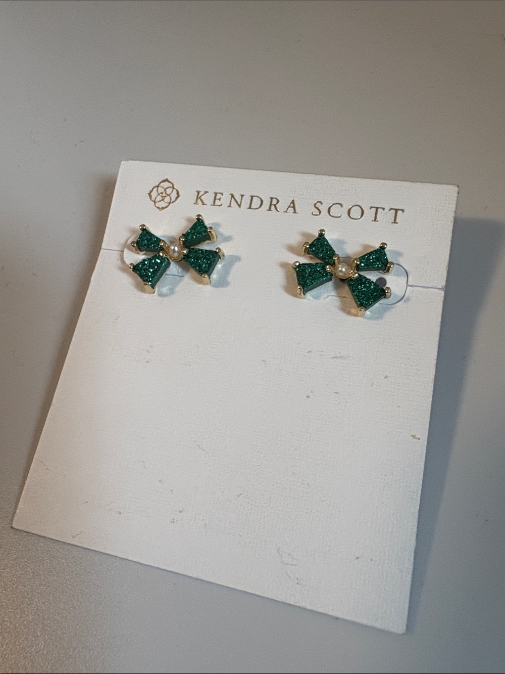 NWOT [Kendra Scott] Blair Bow Stud Sparkle Earrings, Gold/Emerald (Green) Drusy - Picture 6 of 9